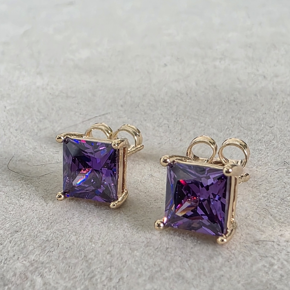 Gold Filled Princess-Cut Amethyst Color Crystal Stud Earrings